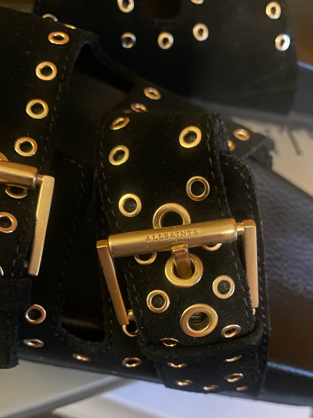 AllSaints Khai Black Slide Sandals with Gold Grommet Buckles Sz 8 - Picture 9 of 10